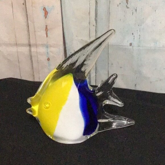 Art Glass Fish Sculpture Paperweight Multicolor Yellow Blue White - Picture 3 of 5